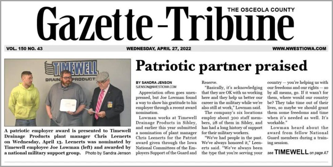 Plant Manager Chris Leenerts Receives Patriot Award